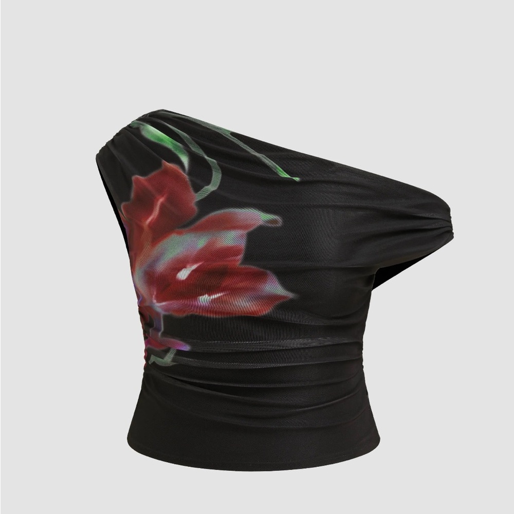 NWOT MESH ASYMMETRICAL NECK FLORAL RUCHED TOP